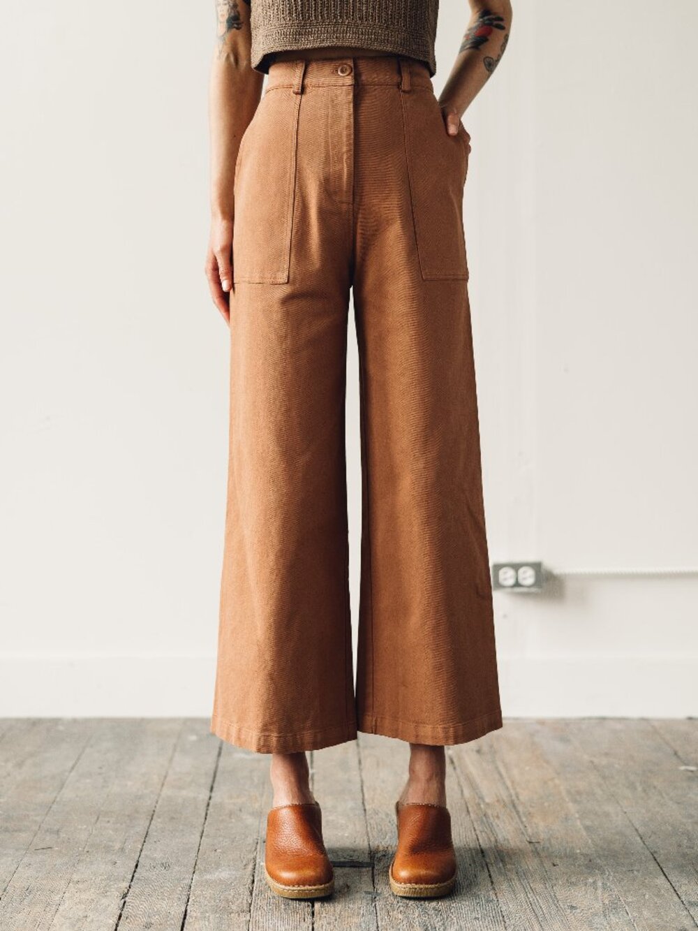 First Rite High-Rise Wide Leg French Workwear Pants in Warm Brown